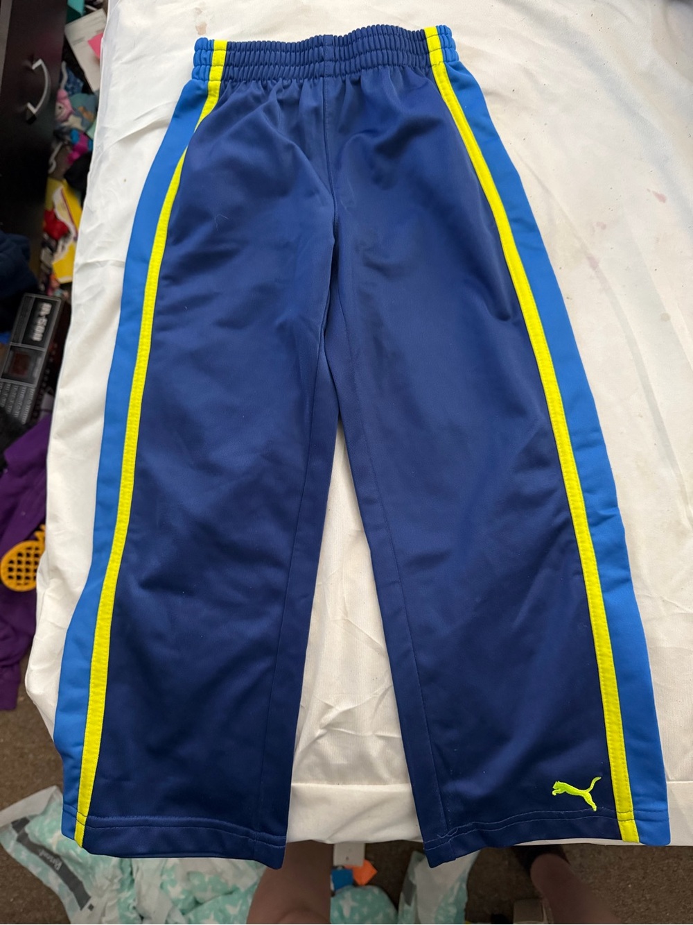 Puma Boys Navy Track Pants with Neon Yellow Trim